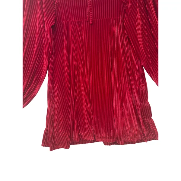 Red Pleated Velvet Mini Dress Square‎ Neck Lantern Sleeve Holiday Boho Party L - Image 12