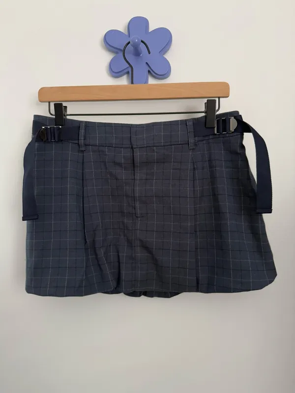 Free People 8 NWOT Saturn Bubble Mini Skirt Navy Plaid Preppy Academia Belted - Image 3