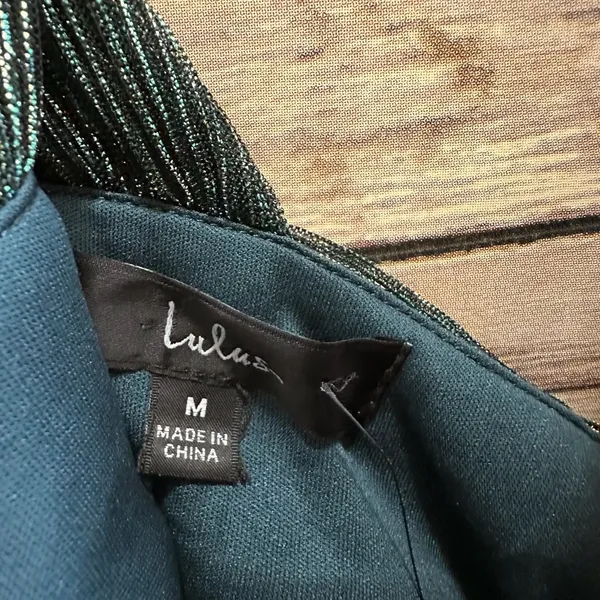 Lulus Dress Women’s Size Medium Teal Metallic Stripe Twist Back Cocktail NWT - Image 4