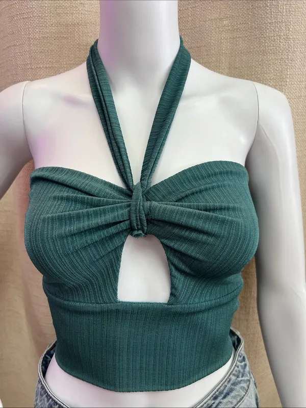 Le Lis Halter Ribbed Crop Top in Deep Teal Green - Image 2