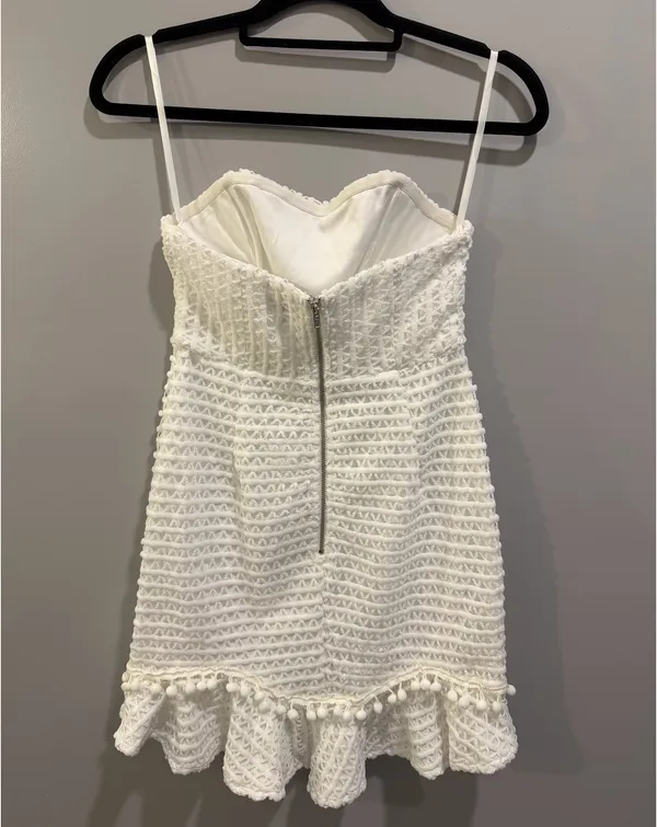 Aiyana Strapless Geometric Detail Overlay Flounce Hem Mini Dress White - Image 7