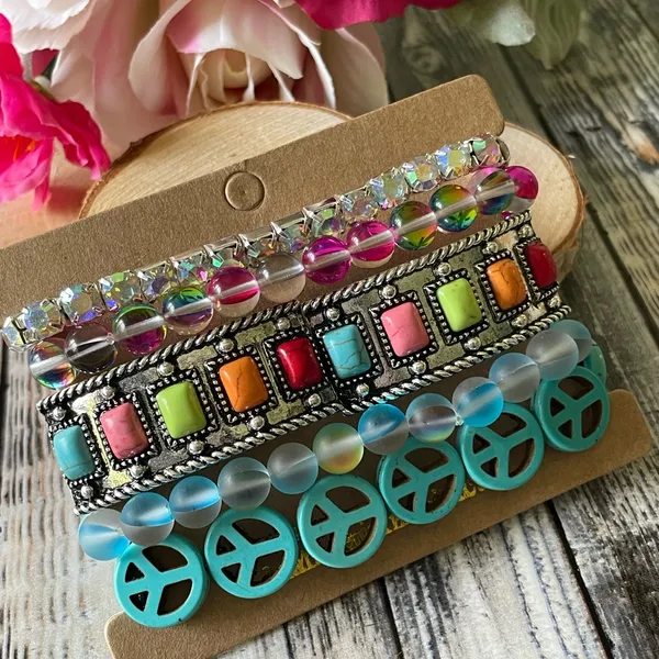 Set of 5 stackable bracelets in shimmering crystals and multi colored gemstones - Image 2