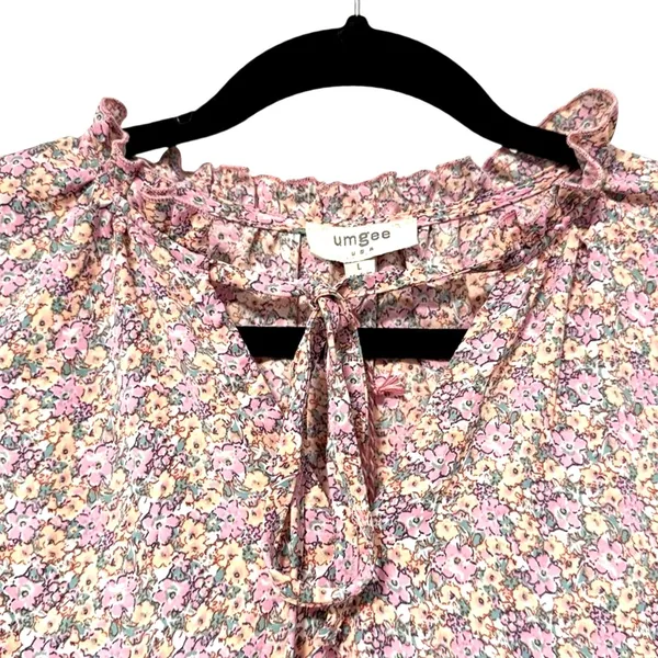 Umgee Womens Pink Floral Tiered High Low Sleeveless Ruffle Tie‎ Neck Dress L NEW - Image 3