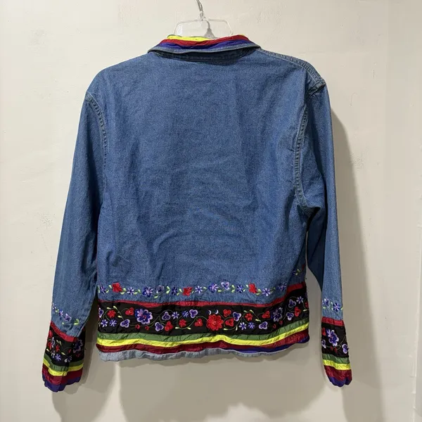 Tantrums Blue Denim Floral Embroidered Button‎ Up Jean Jacket Women's Medium VTG - Image 7
