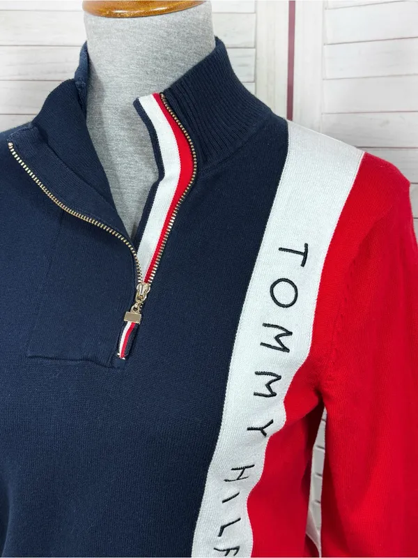 Tommy Hilfiger Quarter Zip Mock Neck Colorblock Logo Sweater Size Small Preppy - Image 5