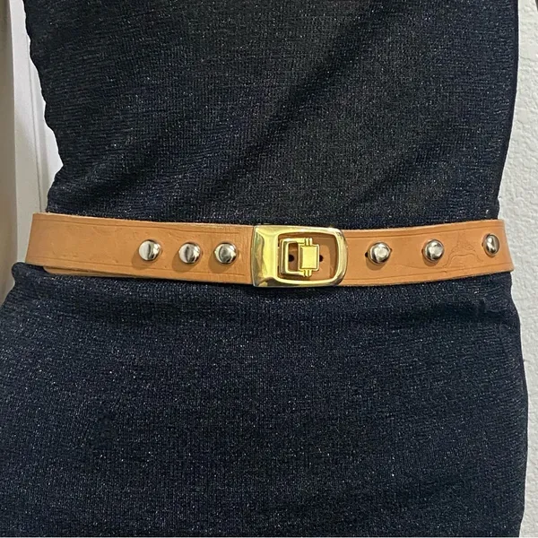 JP Long Horn Studded Brown Leather Gold Buckle Belt Waist 28”-30” Made in Italy - Image 4