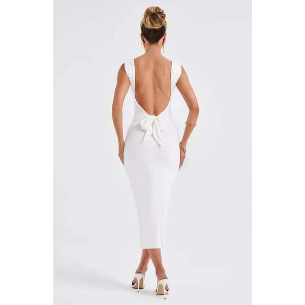 NWT Babyboo Malina Ivory Cowl Neck Ruched Low Tie Back Midi Dress Womens Size S - Image 6