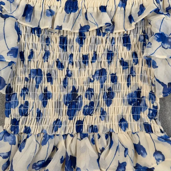 MISA Los Angeles Size Small Blue Floral Smocked Off-Shoulder Mini Dress Ruffle - Image 4
