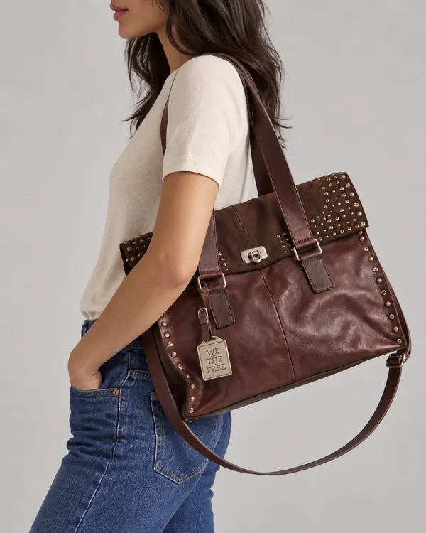Free People We The Free Shay Brown Leather Studded Tote Bag Boho Western Crossbody SOLD OUT - Image 3