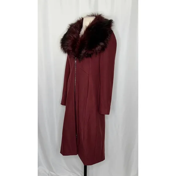 WHBM Burgundy Long Coat Removable Faux Fur Collar White House Black Market XS - Image 6