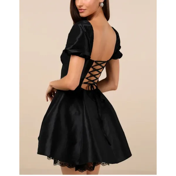 Lulu’s Mini Dress Taffeta Lace Puff sleeve Enchanting Princess Size S Black - Image 8