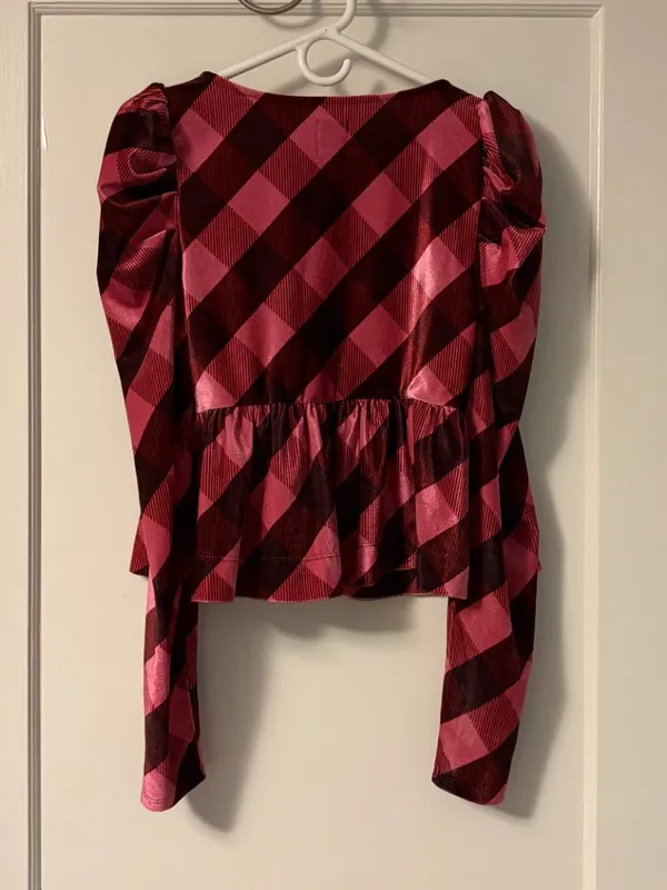 Anthropologie Maeve plaid velvet babydoll top puff sleeves size medium boho - Image 5
