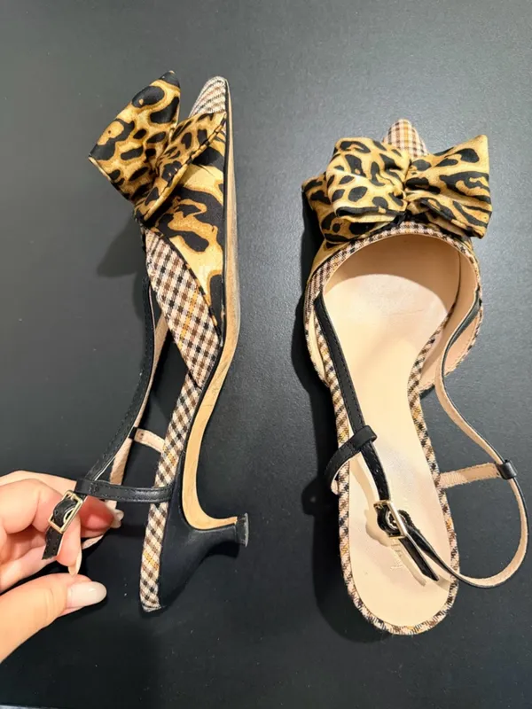 Kate Spade Daxton kitten heel houndstooth leopard pumps, slingback pointy toe 7 - Image 9
