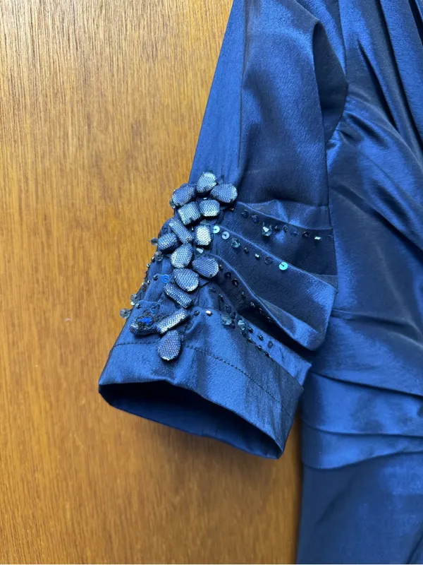 Tadashi Shoji Side Ruched Jeweled Beaded Long Maxi Gown Dress Navy Blue 8 - Image 9
