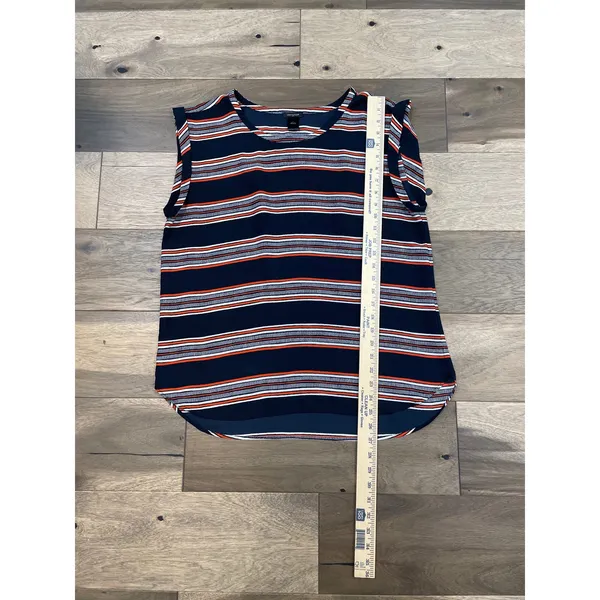 Ann Taylor Blouse Size L Navy Orange Stripe Scoop Neck Cap Sleeve Lightweight - Image 4