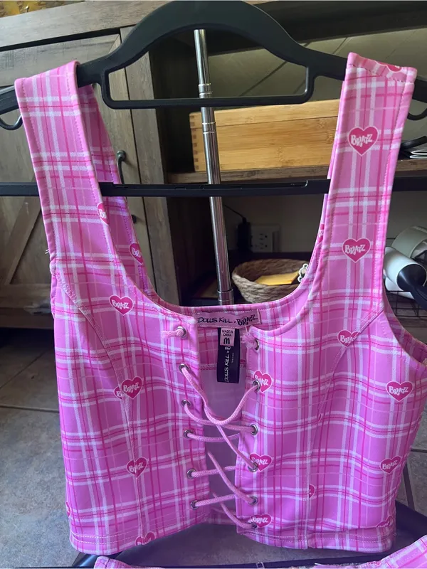 Dolls Kill bratz set Pink Plaid Lace-Up Crop Top & Belted Mini Skirt Set - Image 12