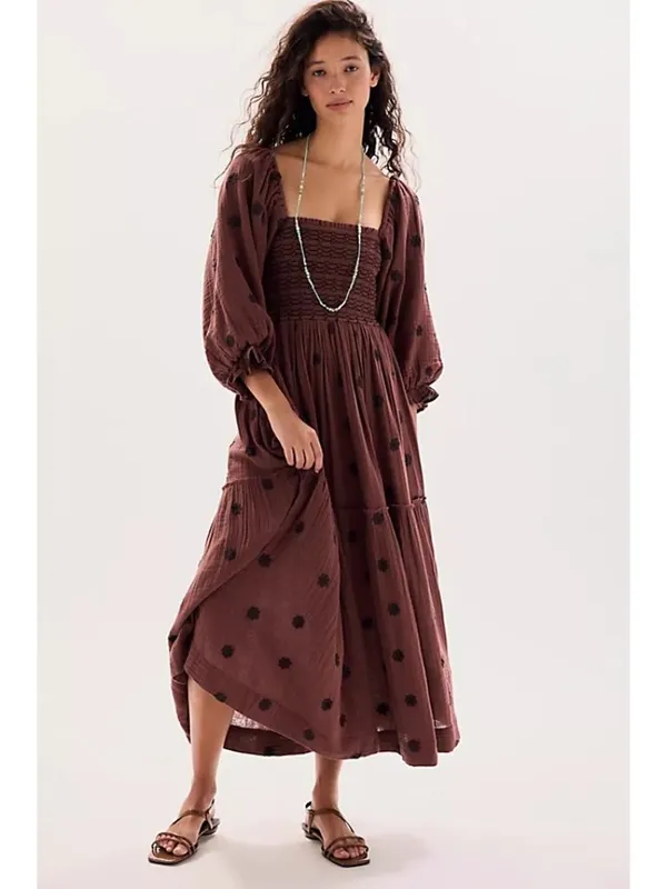Free People Dahlia Embroidered Maxi Dress brown off the shoulder embroider S - Image 2