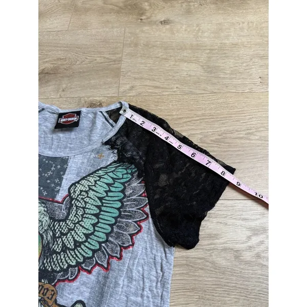 EUC Womens Harley Davidson Motorcycle Top Black Lace short sleeve Eagle size M - Image 10