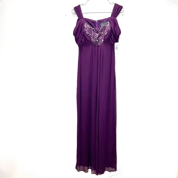 NWT Alex‎ Evenings Plum Purple Beaded Cold Shoulder Chiffon Maxi Dress Size 6 - Image 2