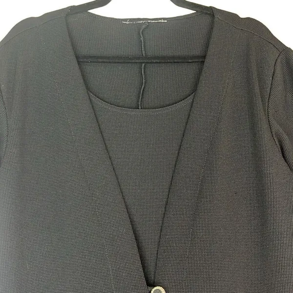 Black Textured Knit Short Sleeve One Button Front Mini Dress Large LBD‎ Workwear - Image 3