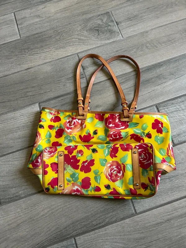 Dooney & Bourke Yellow Floral Patent Tote with Brown Straps - Image 4