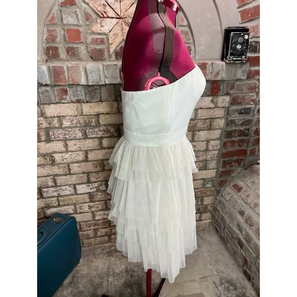 Adrianna Papell dress strapless formal cream jeweled sheer tired skirt - Image 7