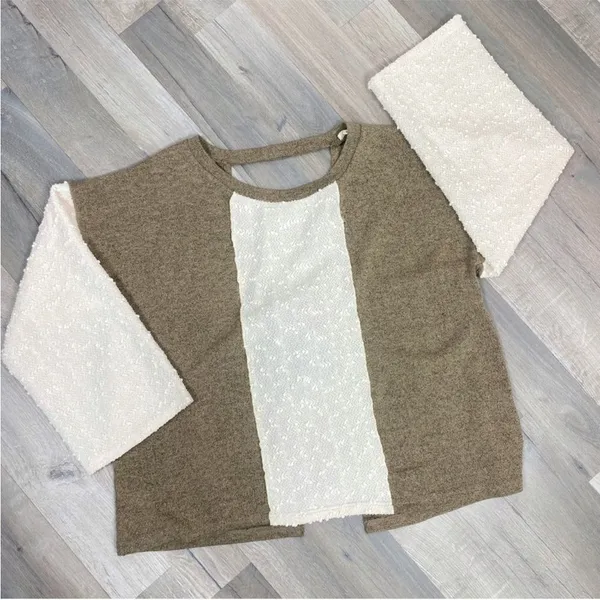 POL Open Tie Back Sweater Bell Sleeve Color Block Brown Cream Large‎ Boho - Image 13