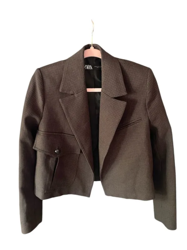 NEW Zara Brown Gingham Cropped Blazer XS Plaid Tailored Office Jacket Chic - Image 2