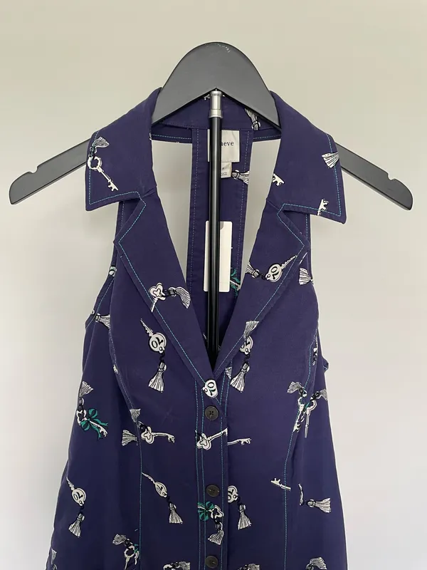 Maeve Anthropologie Key Print Halter Dress Navy Button Front Mini Dress NWT S - Image 2