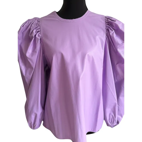 Karlie Lavender Faux Leather Puff Sleeve Top Medium Vegan Leather Blouse - Image 2