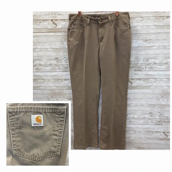 Vtg Carhartt Womens 12x34 WB002 Canvas Work Pants Khaki Brown Bootcut Y2K Rare - Image 2