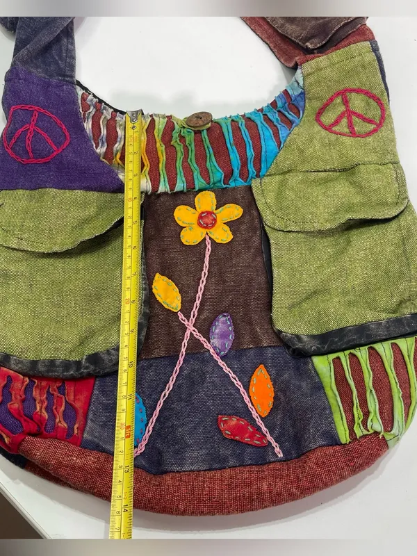 Patchwork Boho Hobo Shoulder Bag Colorful Peace Flower Outer Pockets Whimsigoth Green - Image 2