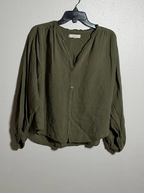 LOFT‎ Women Olive Green Button-Front Balloon Sleeve Blouse Flowy Ruffle size M - Image 2