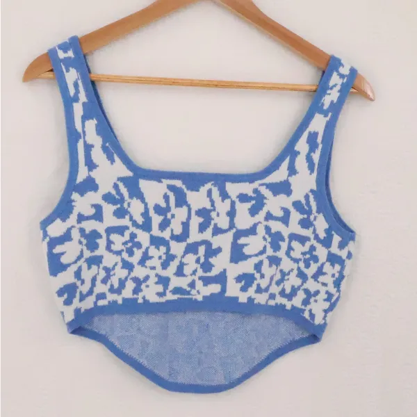 American Eagle Floral Knit Corset Tank Top Womens Size L Blue White Knit Cropped - Image 2
