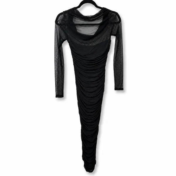 NEW Lulus Sunama Black Mesh Ruched Long Sleeve Bodycon Cocktail Midi Dress Small - Image 8