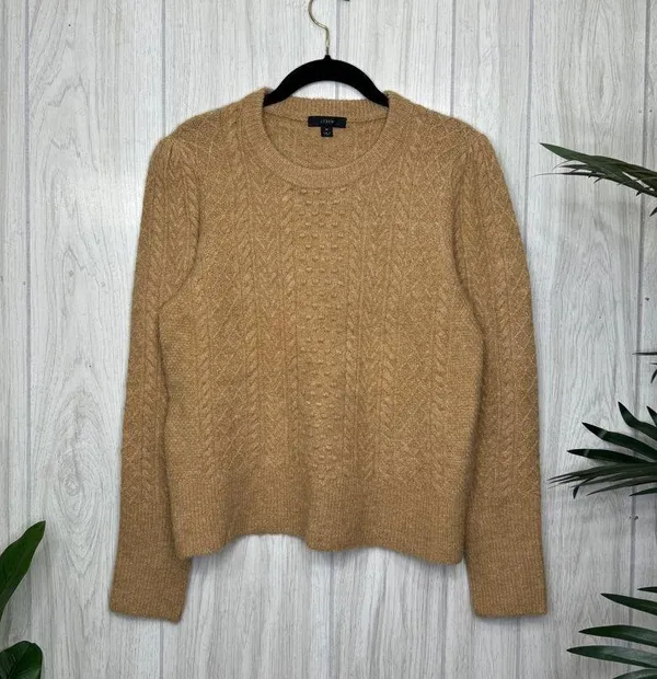 J. Crew Stretch Wool Cable Knit Crewneck Sweater Camel size M Medium BB408 - Image 2