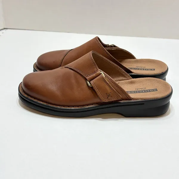 Clarks Women's Brown Leather Soft Cushion Clog Mule Size 7.5 Slip On - Image 5