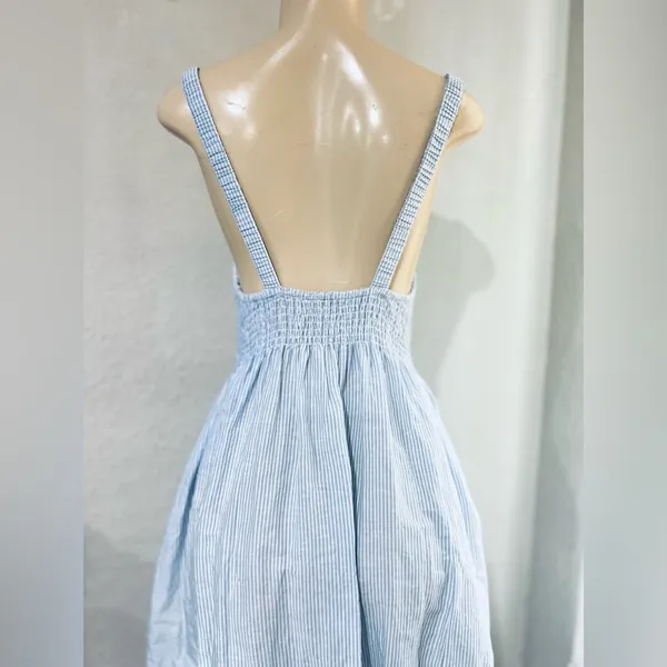 J.Crew Smocked beach dress in linen-cotton blend stripe size S 14” pit to pit stretchy - Image 10