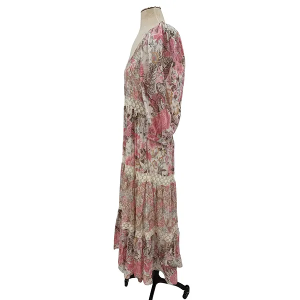 LoveShackFancy Evren Floral Lace Trim Puff Sleeve Cotton Maxi Dress Pink Small - Image 6
