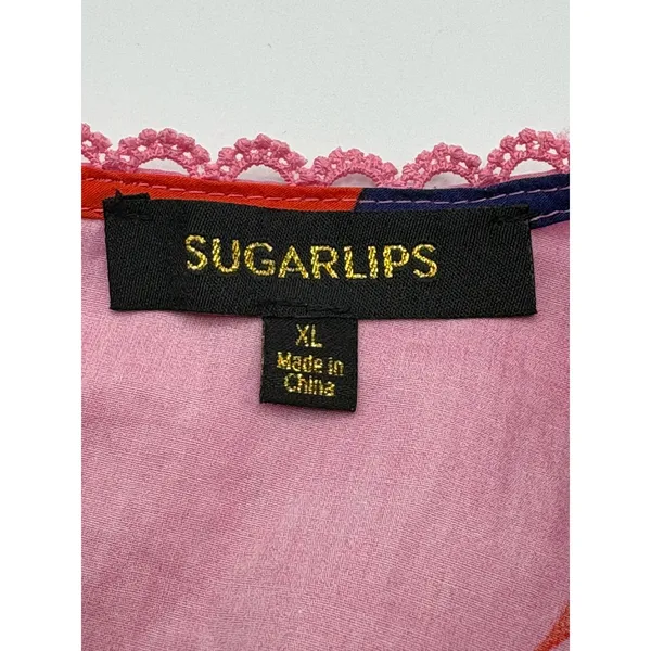 Sugarlips Abstract Floral Blouse Women XL Multicolor Flutter Sleeve Crochet Trim - Image 7