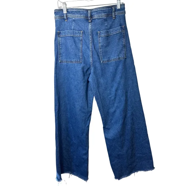 Zara Women's Size‎ 10 High Rise Wide Leg Cropped Denim Jeans Frayed Hem Blue - Image 2