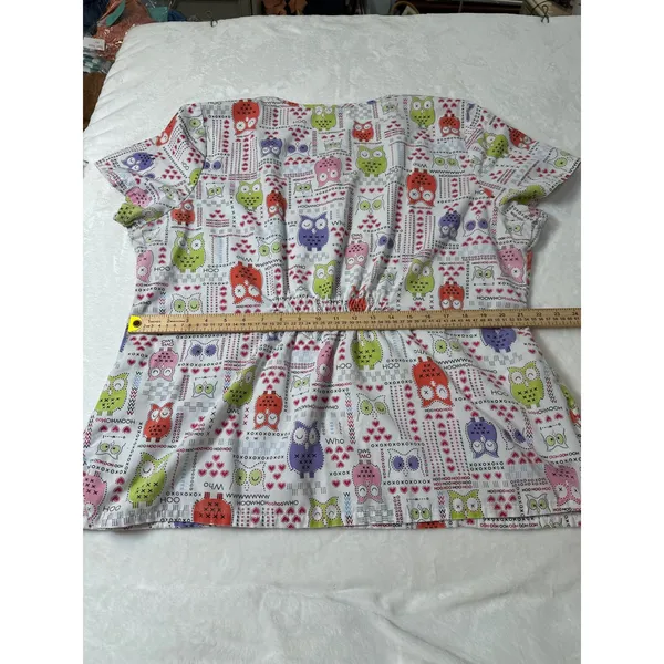 Dickies Womens Owl Print Scrub Top White Multicolor V-Neck Short Sleeve XL - Image 6