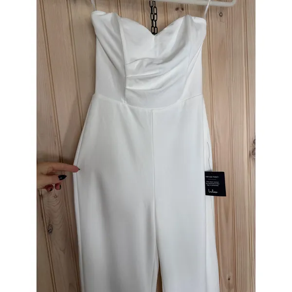 NWT Lulus Fashionista Nights Ivory Strapless Bustier Wide-Leg Jumpsuit Classy M - Image 5