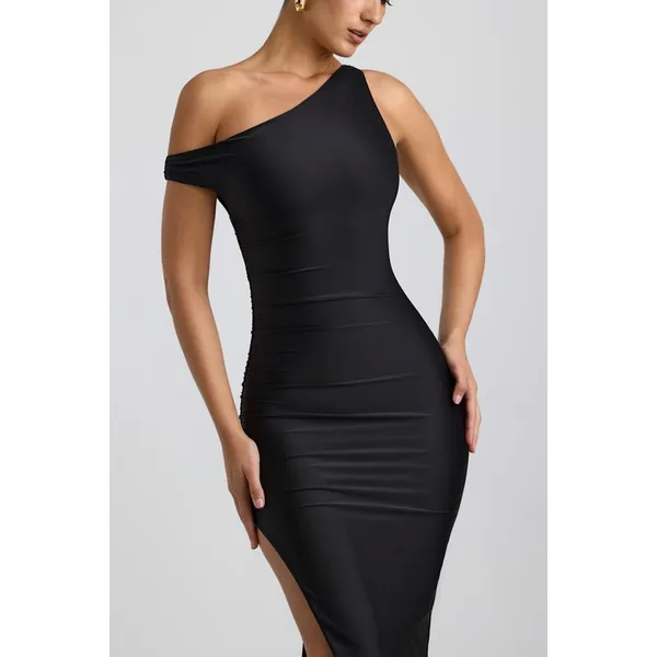 Oh Polly Akeeva Ruched Asymmetric One-Shoulder Maxi Dress NWT | Sz‎ 6 | Black - Image 2