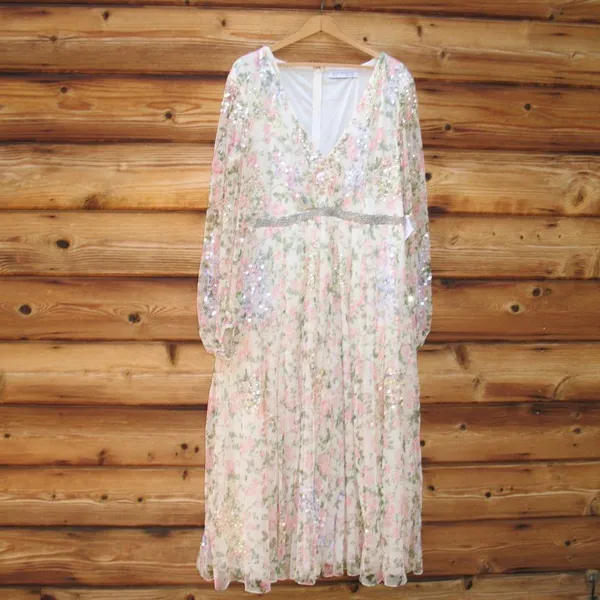 Mac Duggal 93788 Floral Beaded Sequin Midi Dress White Multi Size 16 - Image 4