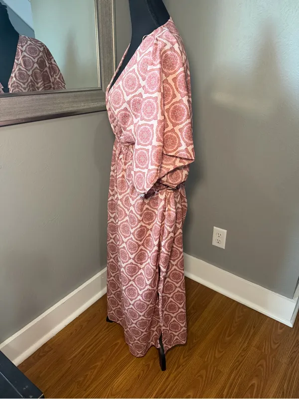 NWOT Zara Cotton Geometric Print Boho Festival Kafan Maxi Dress Pink Medium - Image 3