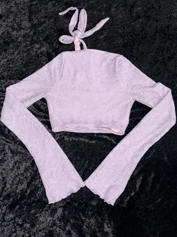 Oh Polly Lavender Lacey Halter Crop Top - Image 3