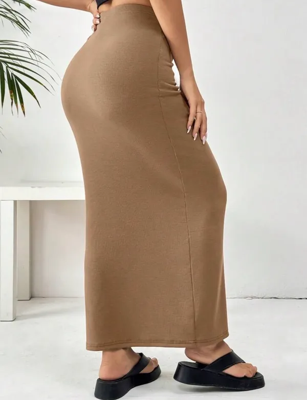 Elastic Waist Pencil khaki Maxi Skirt - Image 2