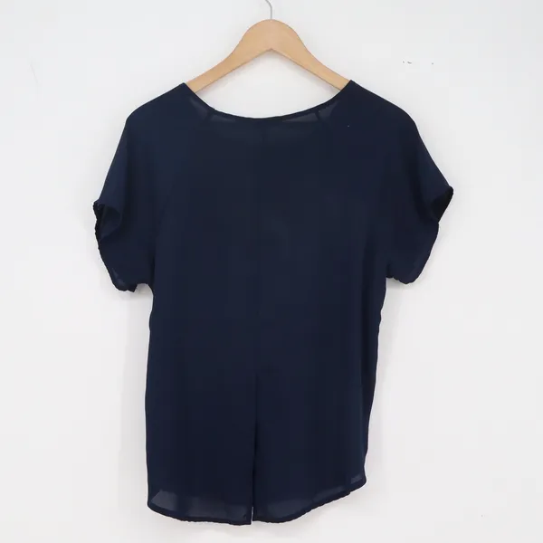 Lily White Blouse Womens L Short Sleeve Navy Blue Split Back Excellent - Image 3