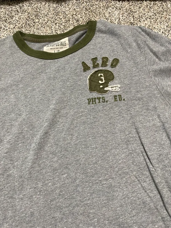 Aeropostale Gray and Green Raglan Logo Tee - Image 3